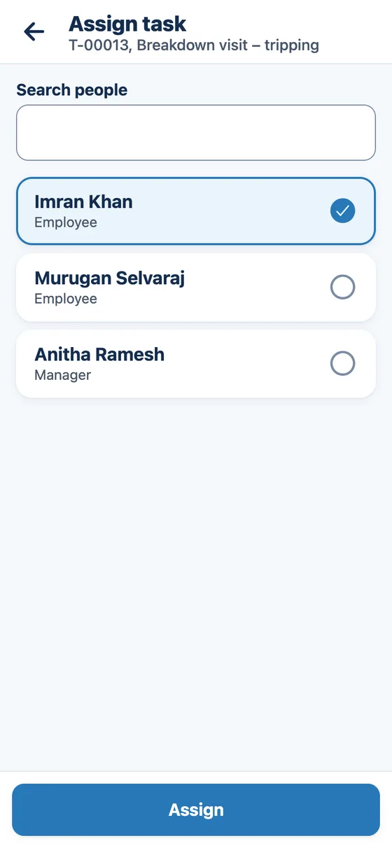 Assign task screen on a phone, with Imran Khan selected for a breakdown visit