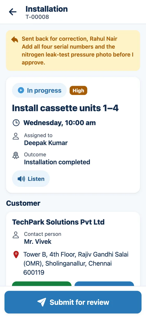 Task screen for an installation sent back for correction, with a Submit for review button