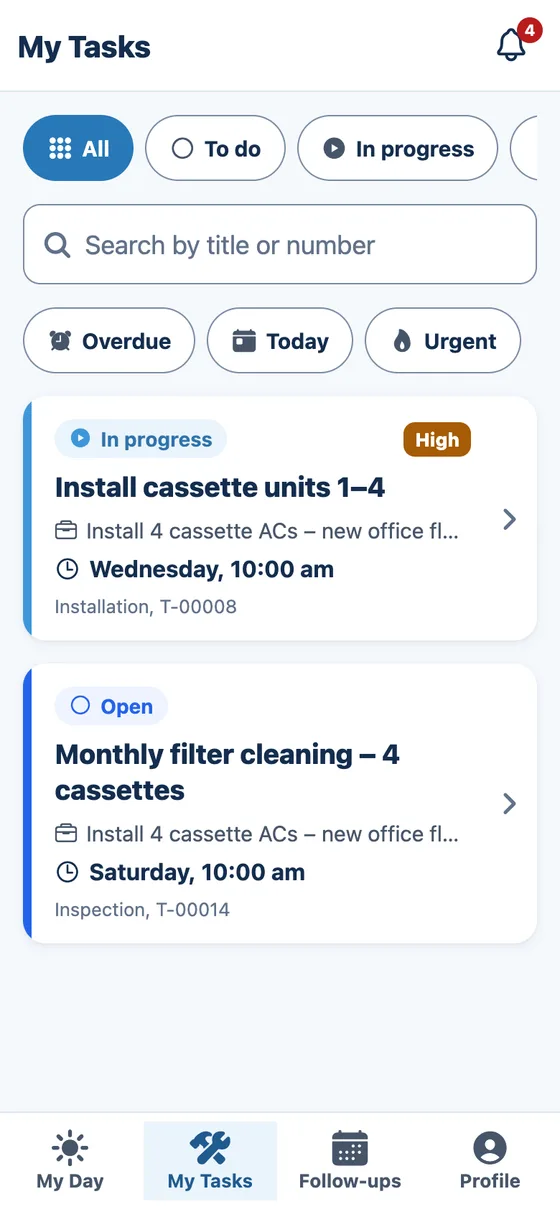 My Tasks on a phone: an installation in progress and an open inspection