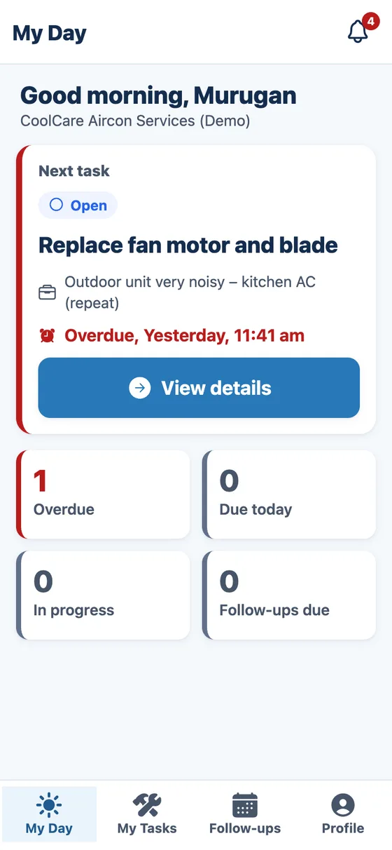 Employee's My Day on a phone, showing the next task, which is overdue, and a View details button
