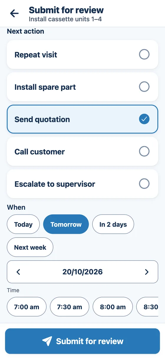 Next step screen with Send quotation chosen as the next action, due tomorrow