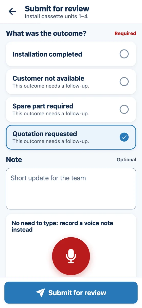 Phone screen asking "What was the outcome?" with four outcomes to choose from