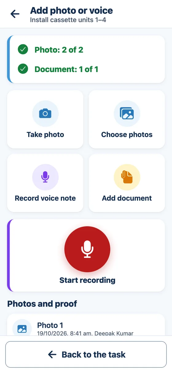 Add photo or voice screen showing two of two photos and one of one document added