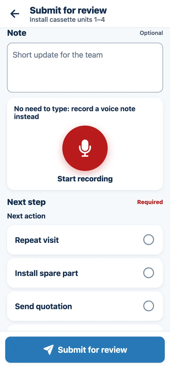Update step with a note box and a large button to record a voice note instead of typing