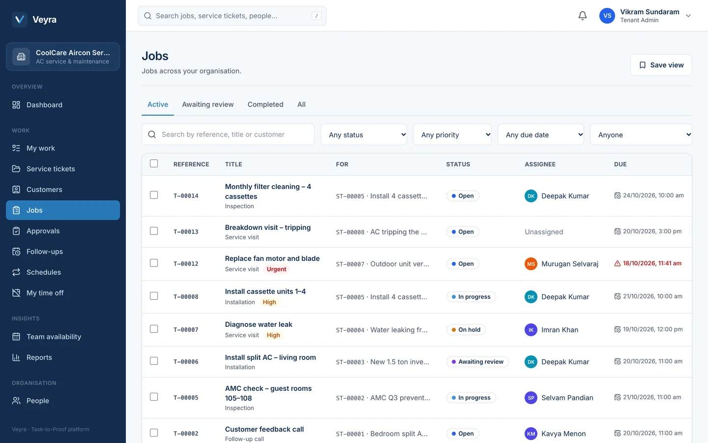 Manager view of all jobs with their status, assignee and due time; one job is overdue